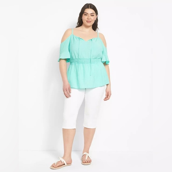Lane Bryant Aqua Cold Shoulder Blouse - Picture 1 of 9